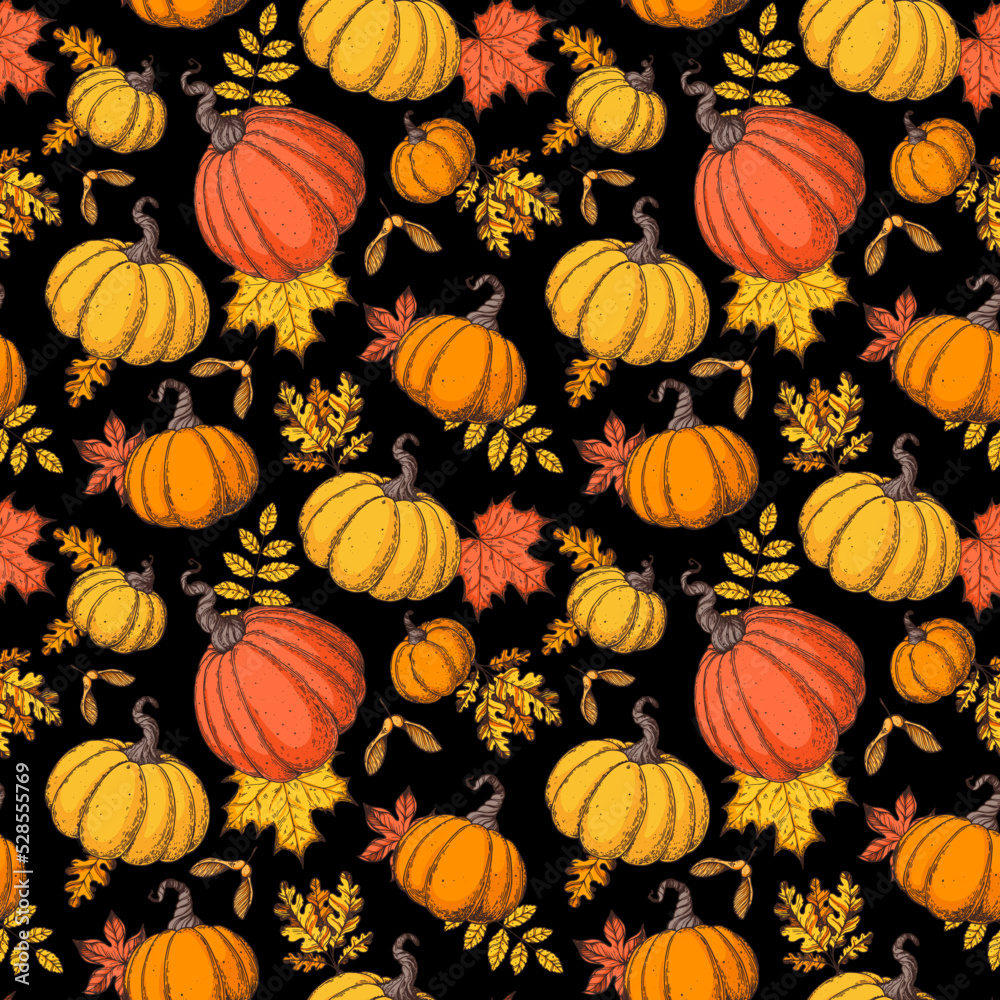 Pumpkin and autumn leaves seamless pattern. Vector illustration. Hand drawn background.