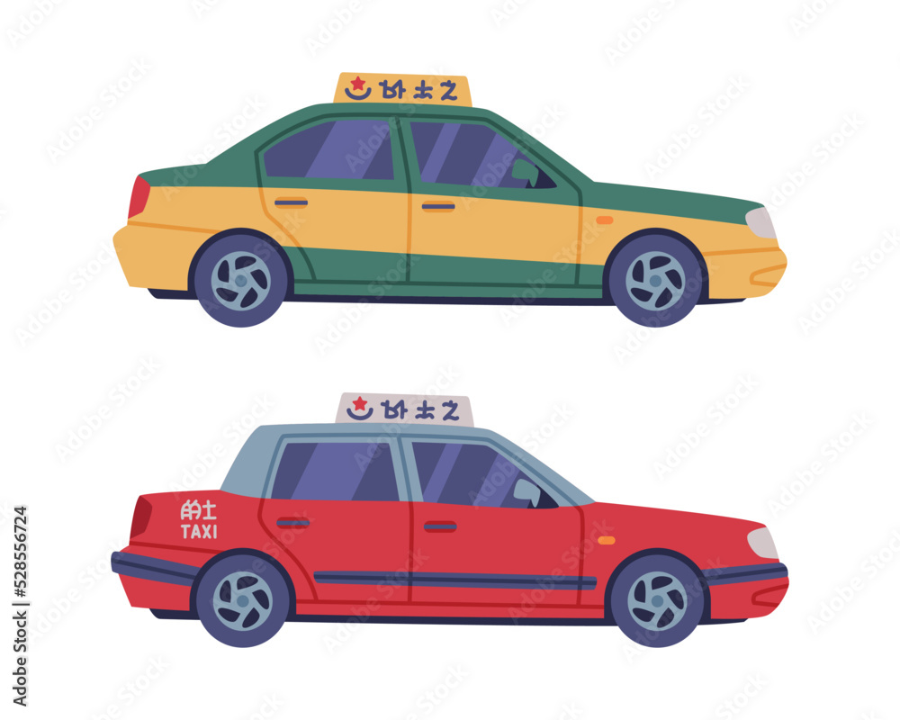 Chinese Taxi or Cab as Vehicle for Hire Vector Set