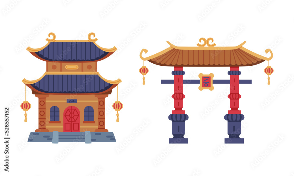 Pagoda Temple and Gate as Symbolic Entrance at Shinto Shrine and Chinese Architecture Vector Set Pagoda Temple and Gate as Symbolic Entrance at Shinto Shrine and Chinese Architecture Vector Set