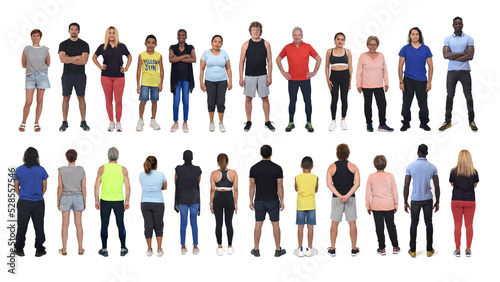 ,back and front view of a large group of people dressed in sports and casual clothes on white background