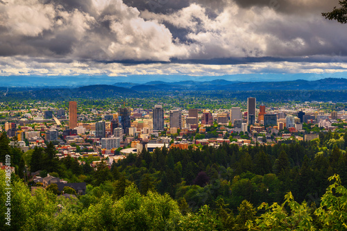 Skyline of Portland, Oregon from Pittock Mansion viewpoint