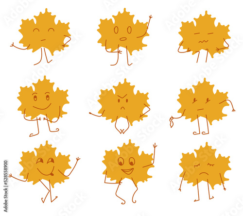 A set of different emotions on autumn leaves. Simple cartoon flat style. Isolated vector illustration. Design of stickers, logos. Sad, funny, evil characters.