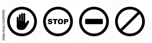 Stop sign. Black forbidden symbol. Stop circle in black. No entry sign. Restriction hand symbol. No way icon. Round stop warn. Stock vector illustration