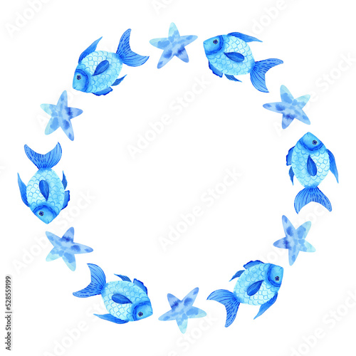 Watercolor blue stars and fish wreath isolated on transparent background. Nautical illustration.