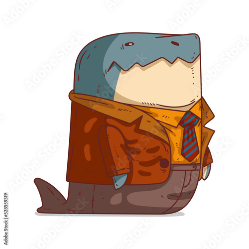 A Stylish Shark, isolated vector illustration. Funny cartoon picture of a shark wearing a costume. An animal sticker. Simply drawn anthropomorphic fish on white background. A dressed animal.