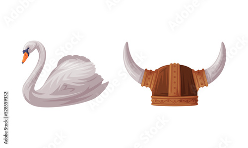 White Swan and Viking Helmet with Horns as Finland Symbol and Attribute Vector Set