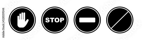 Stop sign. Black forbidden symbol. Stop circle in black. No entry sign. Restriction hand symbol. No way icon. Round stop warn. Stock vector illustration