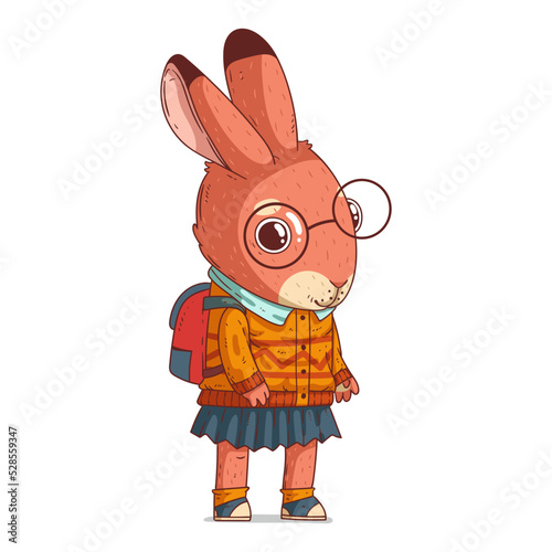 A Rabbit Girl, isolated vector illustration. Cute cartoon picture of a calm bunny pupil. A drawn animal sticker. Simple drawing of a hare on white background. A schoolgirl. An elementary school pupil.