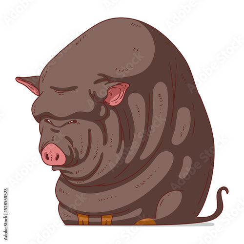 Big Vietnamese Black Pig, isolated vector illustration. Cartoon picture of a potbellied pig sitting. An animal sticker. Simple drawing for kids of a hog on white background. A big black boar. Pork. photo