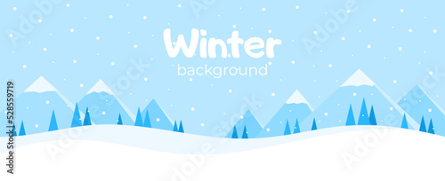 Minimalistic winter landscape with mountains, spruces and snow. Christmas background. Flat vector illustration