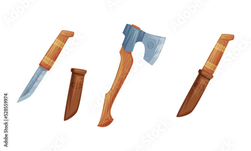 Bowie Knife and Axe with Wooden Handle as Finland Symbol and Attribute Vector Set