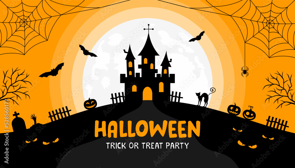 Halloween orange and black banner or background. Halloween party invitation with full moon, castle, graveyard, cat, pumpkins, bats, spider, trees,  and evil eyes. Flat vector illustration