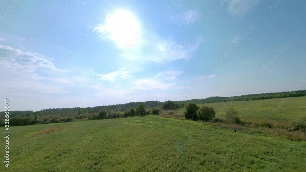 Dynamic FPV flight over green meadow under cloudy sky. POV aerial scenic landscape, camera moving around Dynamic FPV flight over green meadow under cloudy sky. POV aerial scenic landscape, camera moving around
