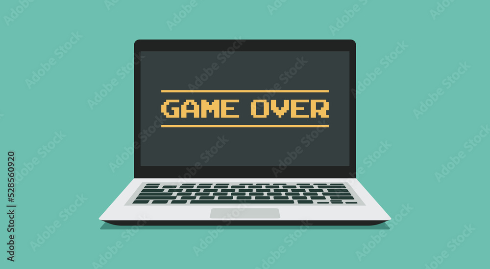 game over concept on laptop computer screen, vector flat illustration game over concept on laptop computer screen, vector flat illustration