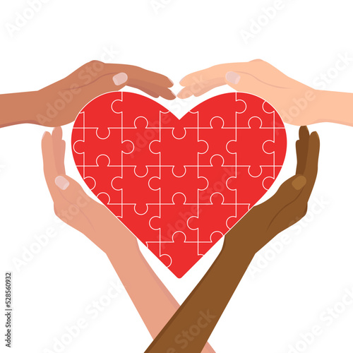 assembled puzzle mosaic heart. hands symbol of the heart, multicultural community of care and mercy. concept of kindness and love for people, vector flat cartoon illustration