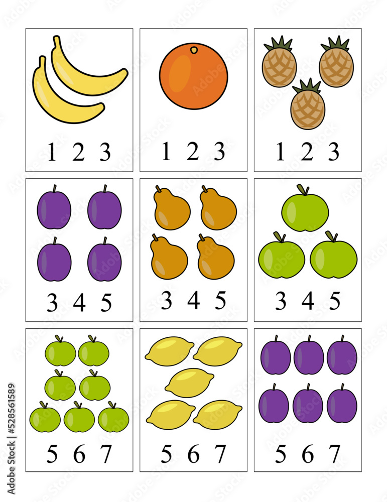 How many, сhildren's game to count fruits, choose the correct number, for the development of attention and math.