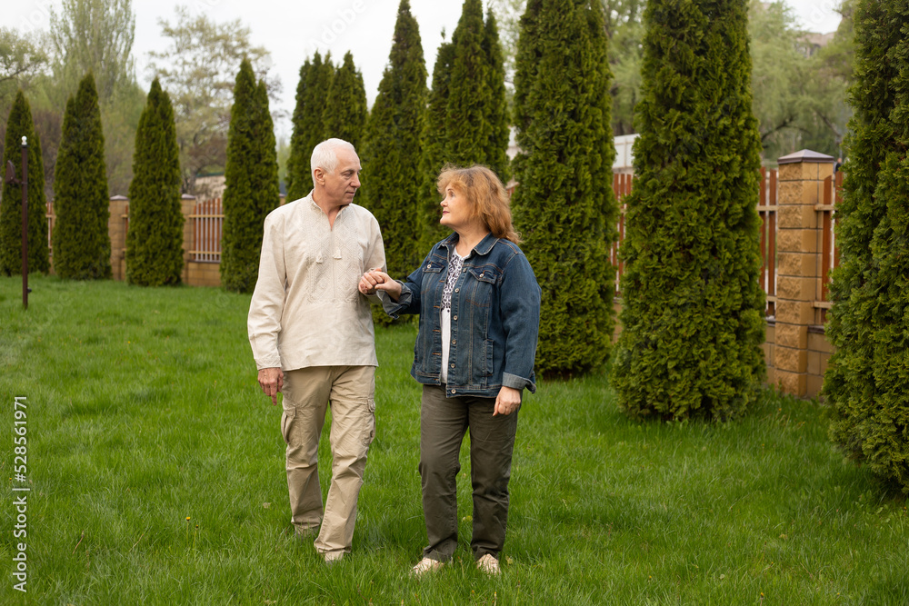 Elderly senior couple embracing walking in autumn or summer park Elderly senior couple embracing walking in autumn or summer park