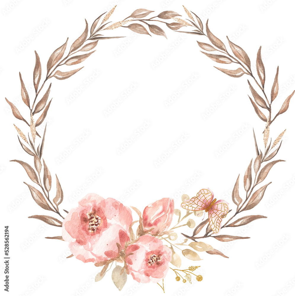 Obraz premium Dried herbs and peony flowers bouquet wreath in watercolor. Dried leaves branch frame with butterfly, pink floral border. Botanical illustration. Wedding invitation, greeting, card