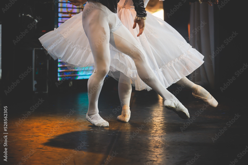 Ballet dancers couple during performance repetition, classic ballet