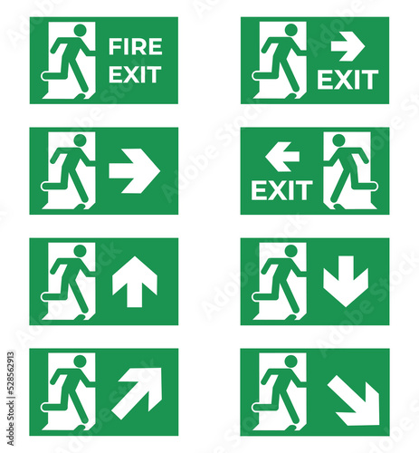 Set of green fire exit icons. 