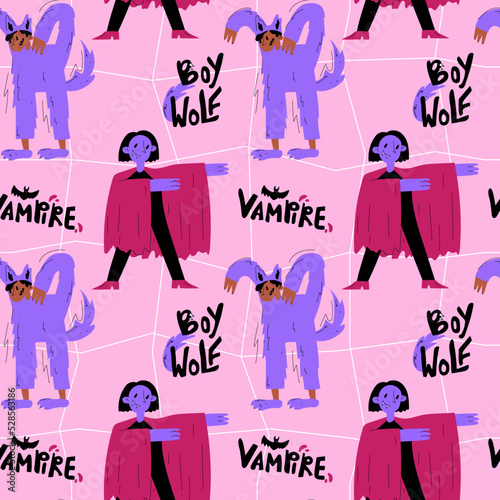 A cheerless pattern of boys in a vampire and wolf costume for Halloween