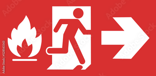 Isolated red fire exit icon with right arrow. 
