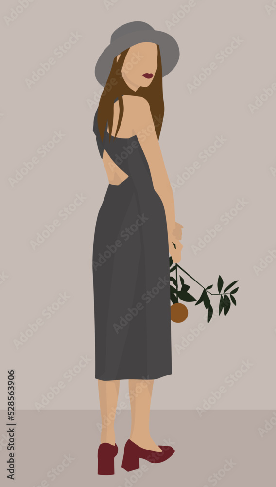 Vector flat image of a young girl in a midi dress and bright shoes. A girl in a hat holds a sprig with a lemon. Design for postcards, avatars, posters, backgrounds, templates, textiles, banners. Vector flat image of a young girl in a midi dress and bright shoes. A girl in a hat holds a sprig with a lemon. Design for postcards, avatars, posters, backgrounds, templates, textiles, banners.