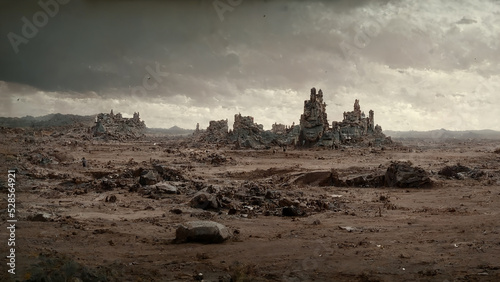 Canvastavla Abandoned Destroyed City on Wasteland Apocalyptic Landscape Scenery Art Illustration