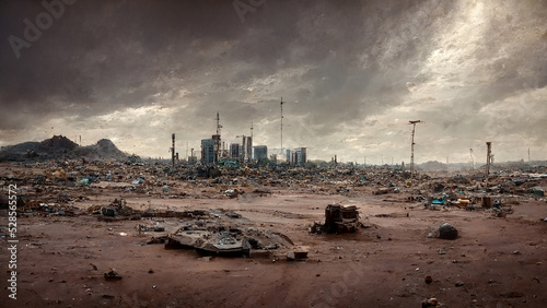 City Dump in Wasteland Sci-Fi Post Apocalyptic Panoramic Wallpaper. Big Landfill Outside the City in Desert Landscape Art Illustration. CG Digital Painting AI Neural Network Computer Generated Art photo
