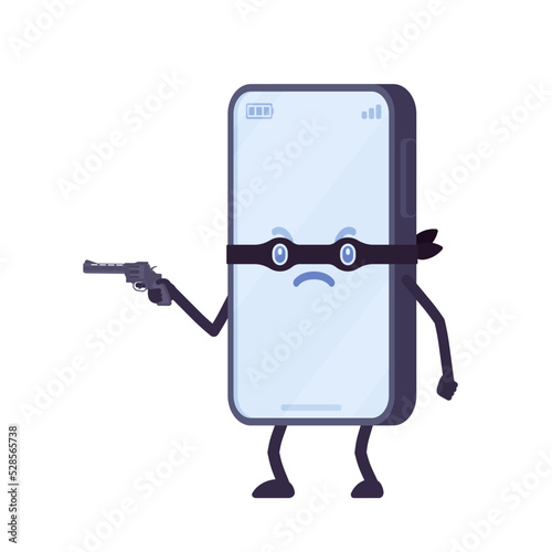 Smartphone cartoon character, masked mobile phone fraud. Malicious techniques, application, information, data security and privacy crime, service attack, cybercriminal. Vector flat style illustration