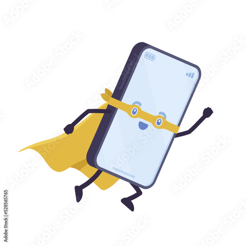 Smartphone cartoon character, super hero mobile phone. Super power device, special strength gadget with amazing apps, top best function, fantastic technology and design. Vector flat style illustration