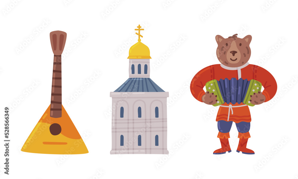 Balalaika, Orthodox Church and Bear Playing Accordion as Russian Symbol Vector Set