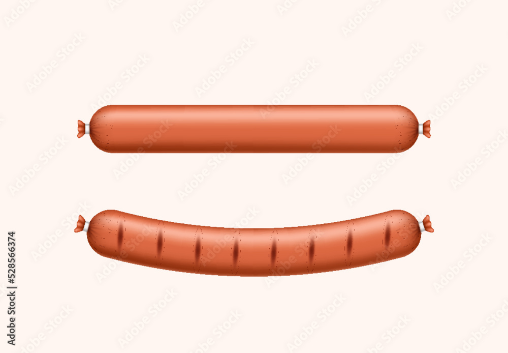 Realistic grilled sausages isolated. Tasty delicious beef or pork meat product roasted or fried
