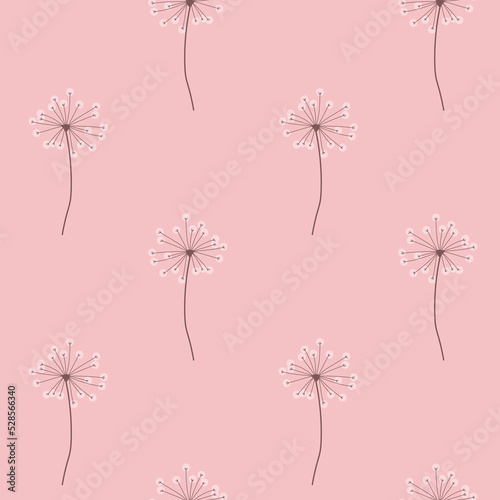 Seamless pattern with dandelions on a pink background. Dandelion vector. Background with abstract flowers, dandelions.
