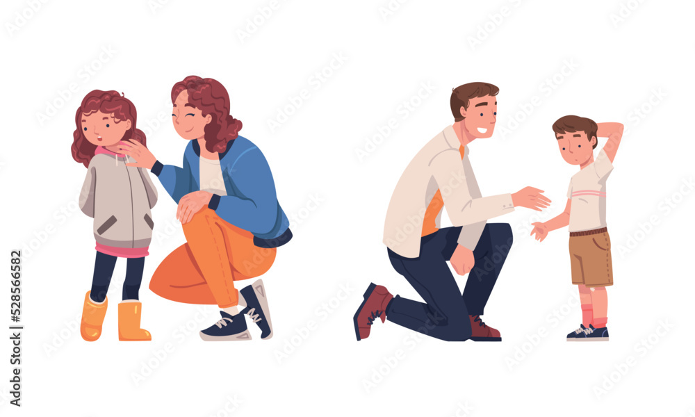 Obraz premium Mother and Father Talking to Their Child Supporting and Soothing Them Vector Illustration Set