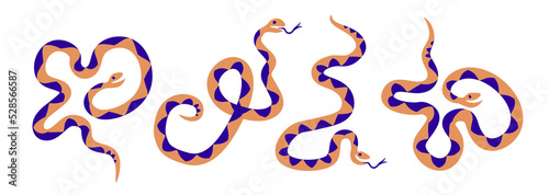 Set of cute wavy ornate snakes in flat style isolated on white background. Funny cartoon reptiles mperfect for decor of children baby room, textiles print, fabric, sticker, package, clip art. 