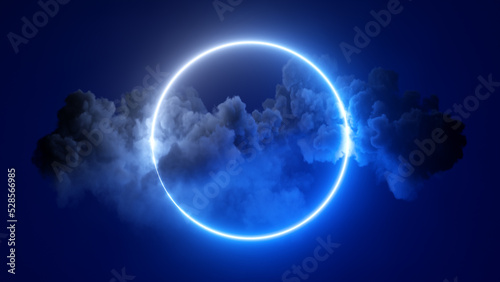 3d rendering, abstract futuristic geometric background with neon ring and stormy cloud over night sky. Round frame with copy space