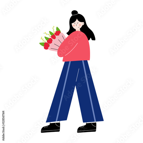 a pretty girl with a bouquet flowers in her hands. Vector illustration