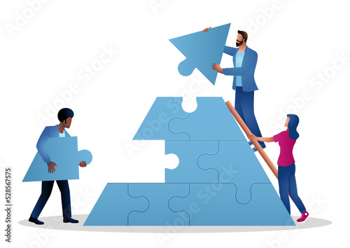 People in casual wear building a triangle shape puzzle