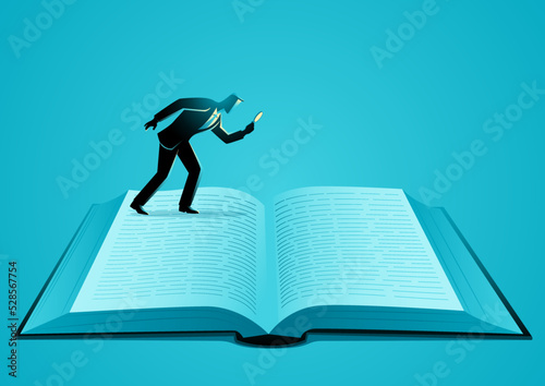 Businessman reading giant book pages using magnifying glass