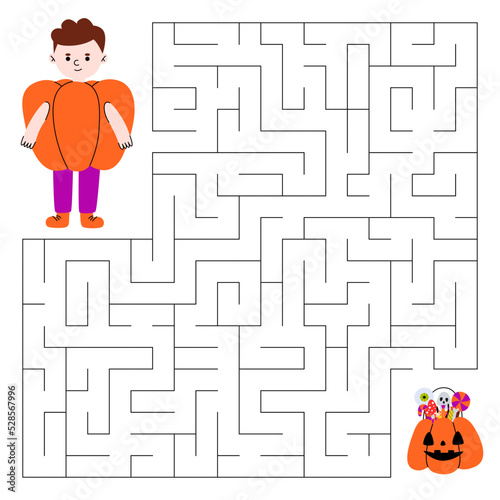 Maze game for children. Cute boy in costume pumpkin looking for a way to the bag with sweets. Children's educational game.
