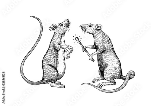 Rat or mouse with a match. Graphic wild animal. Hand drawn vintage sketch. Engraved grunge elements.