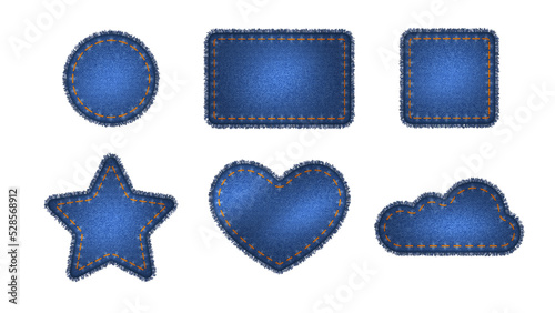 Set of blue denim patches with stitches. Stickers of different shapes as heart, star, cloud, circle