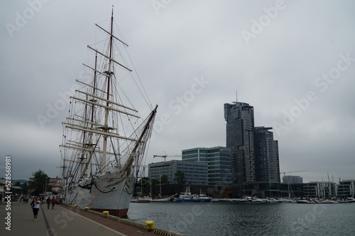 Ships are moored to the shore on the embankment of the city of Gdynia. Poland.