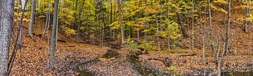 Panoramic view of the fall foliage and the creek flowing in a city park, Mississauga, ON, Canada