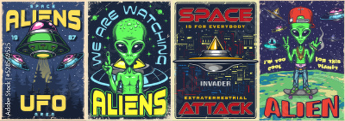 Aliens area set flyers colorful