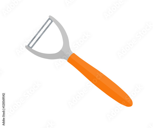 Vegetable peeler, stainless instrument for serving food logo design. Cooking utensil, fruit and vegetable peeling knife vector design and illustration.
