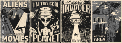 Aliens set vintage monochrome posters