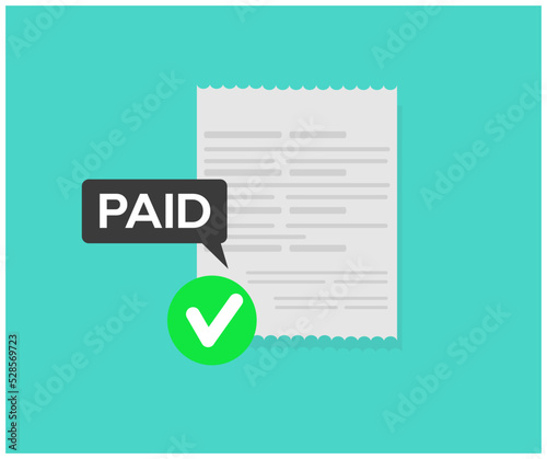 Paid bill invoice, success completed payment flat symbol logo design. Money payout done, valid verified pay notice notification with check mark vector design and illustration.