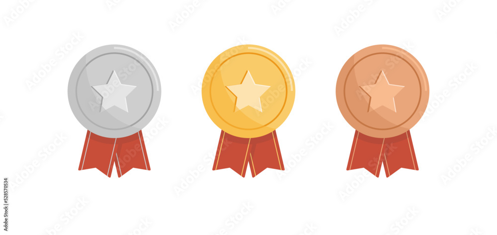 Gold, silver, bronze medal badge and trophy with red ribbon flat vector illustration.